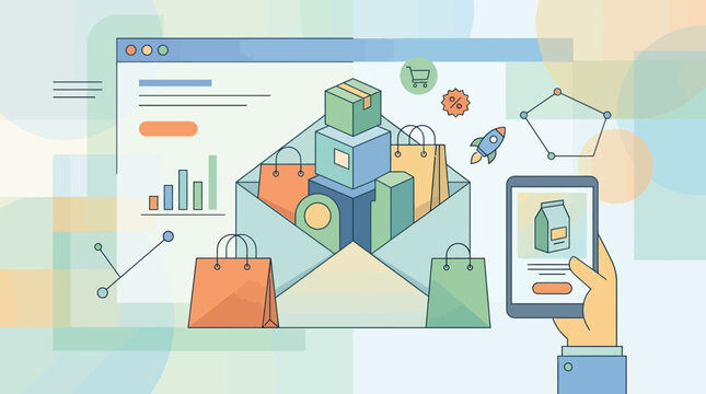 E-commerce and Online Shopping Concept Illustration with Mobile App, Logistics, Data Analytics, and Digital Marketing Icons in Modern Flat Line Style