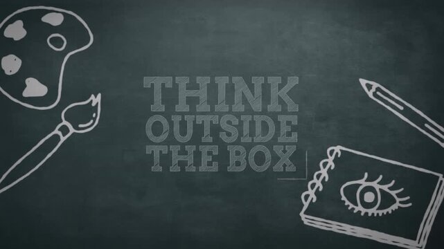 Animation of think outside the box text over school items icons