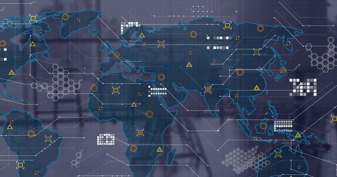 This is a digitally generated video of data processing over a world map on a transparent background
