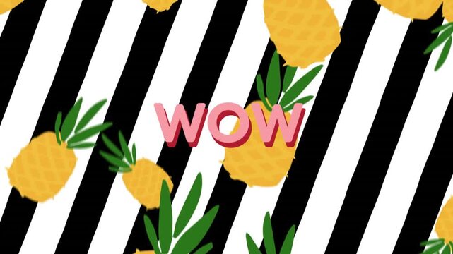 Animation of pineapple icons falling over wow text banner over abstract changing pattern background