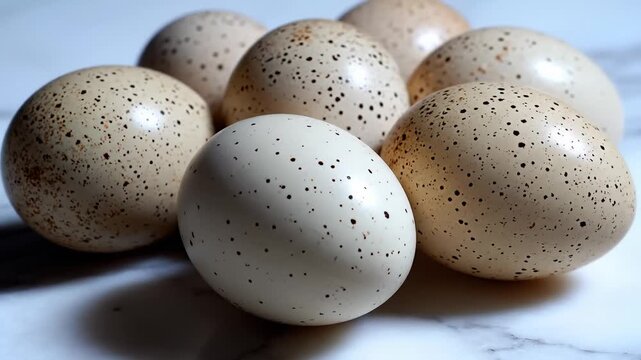 Close-Up of Speckled Turkey Eggs Arranged on a Marble Surface
