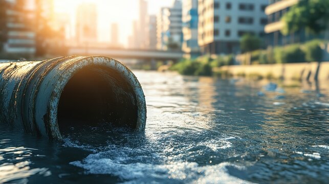 Contaminated wastewater flows from an urban pipe into a sunlit creek, highlighting environmental pollution.