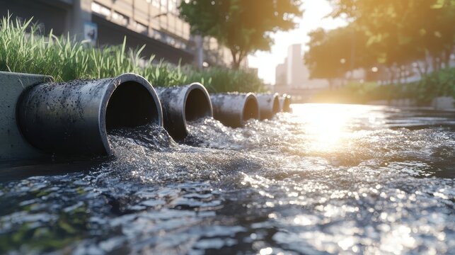 Contaminated water spills from industrial pipes into urban stream under harsh sunlight