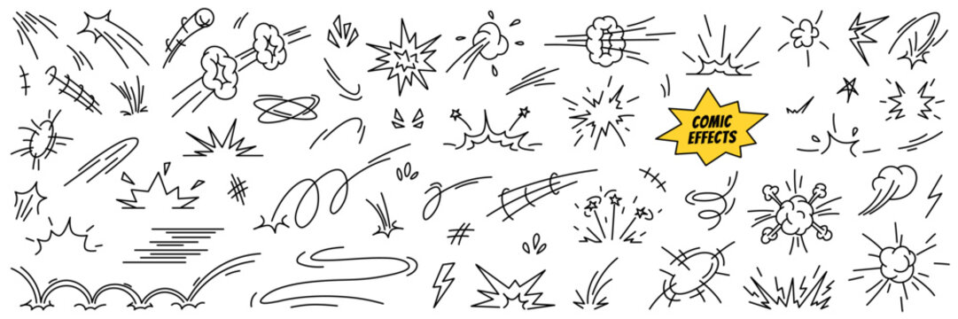 Comic superhero effects. Doodles of action lines, speed, impact effects, emotional and explosion elements. Hand drawn icon set in cartoon style. Vector illustration isolated on a white background