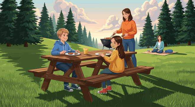 Family having a picnic and barbecue in a pine forest meadow with children eating at a wooden table vector illustration
