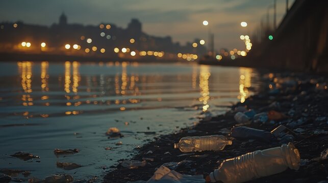 Discarded plastic containers floating near a city canal shore with bokeh city lights