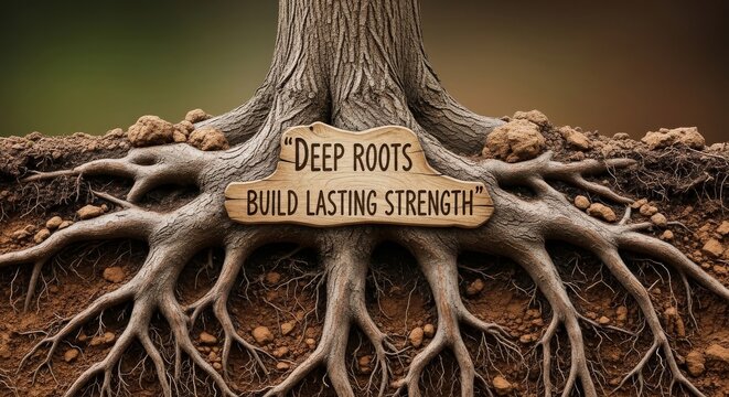 Tree Roots With "Deep Roots Build Lasting Strength" Sign