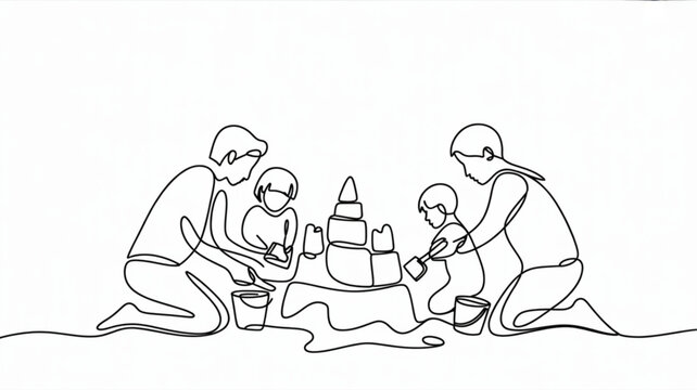 Family building sandcastle on beach continuous line drawing illustration for summer vacation and childhood concept isolated on white
