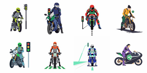Set of Eight Vector Illustrations of Diverse Motorcyclists Wearing Full Protective Gear and Helmets, Waiting at Traffic Lights or Riding. © Tono