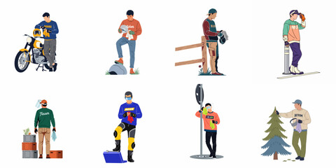 Fototapeta premium Collection of diverse flat vector illustrations depicting men engaged in manual labor, hobby maintenance, and cleaning tasks outdoors.