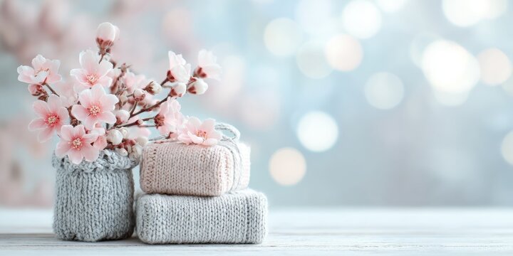 Beautiful knitted gifts decorated flowers on pastel bokeh blur background. Soft floral banner. Cute nice Gift box tied yarn ribbon. Valentine's or Women's holiday. Mother's day present. Greeting card