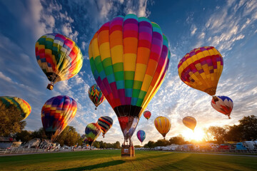 Obraz premium Hot Air Balloons Soar at Sunset Over Green Field