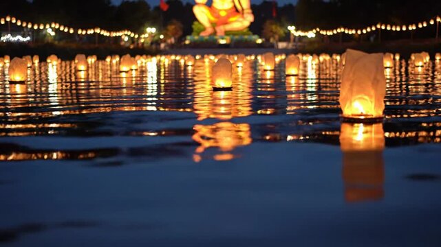 Atmospheric night shot of golden floating lanterns illuminating a serene temple lake with hanuman statue reflections.