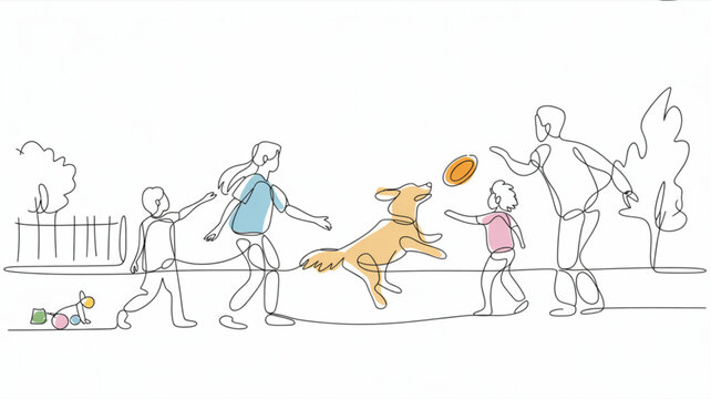 Family playing frisbee with dog in park continuous line art illustration for concept of outdoor activity and togetherness isolated on white