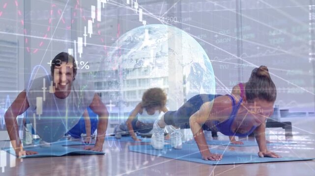 Front duo entering plank and doing push-ups on blue mats with financial charts leading cohort