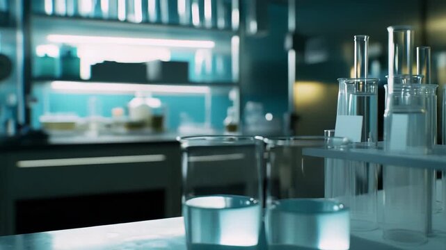 Laboratory beakers and test tubes in a sterile research setting, showcasing chemistry and biotech tools, liquids and glassware used for medical, pharmaceutical and diagnostic development