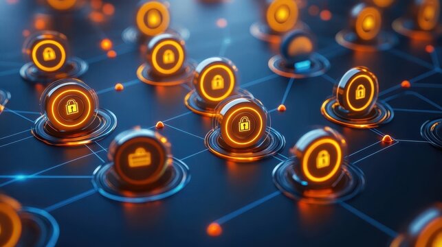 Glowing digital nodes with lock icons representing secure VPN connections and encrypted data pathways in a dark, abstract network.