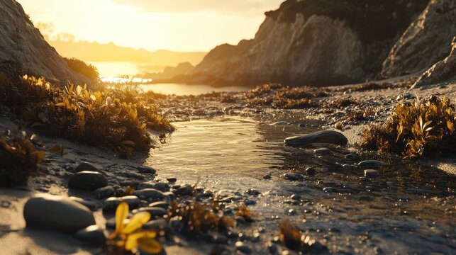 Golden hour light illuminates a rocky tide pool teeming with marine life and coastal textures during sunset or sunrise.