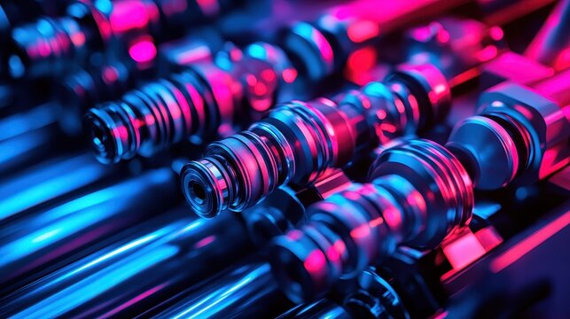 Intricate Offset Printing Press Machinery Components Illuminated with Vibrant Blue and Pink Lighting