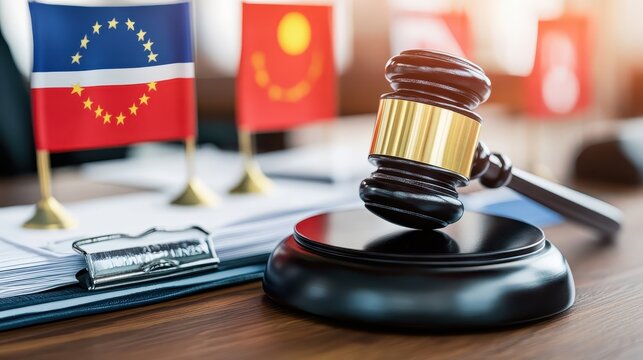 International legal agreement finalized with gavel and flags in courtroom setting representing justice and global trade policy
