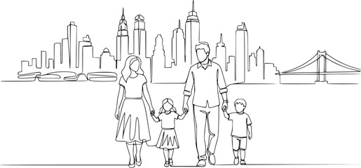 Obraz premium Family Walking Together Holding Hands Continuous Line Drawing Minimalist Hand Drawn Vector