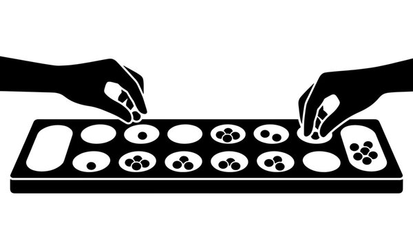 A minimalist black and white silhouette illustration of two players moving seeds on a traditional Mancala board, also known as Congkak or Dakon.