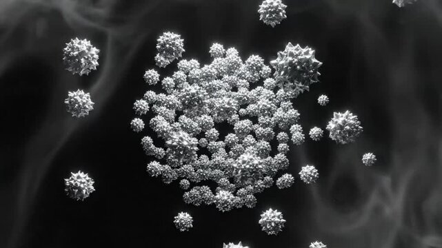 Abstract microscopic view of virus particles with spikes floating against a dark background, science concept