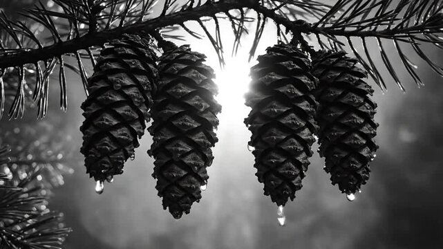 Black and white close up of pine cones hanging from a branch with sunlight shining through the forest