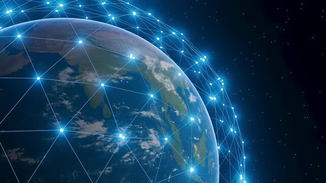 Global connectivity through digital networks seen from space with overlapping lines and bright points of light in the darkness of space.
