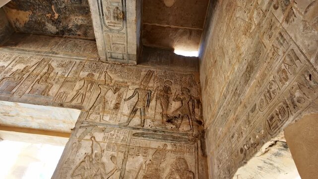Ancient painted walls and ceiling with gods figures, hieroglyphics and cartouches inside Seti I temple, Luxor Egypt.