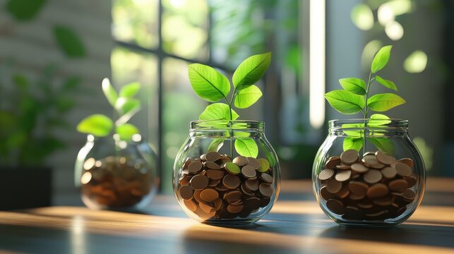 Young plants sprouting from coins in glass jars symbolizing financial growth and investment