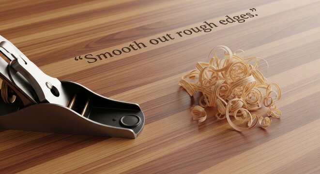 Wood planer with shavings and quote on surface