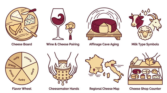 Cheese production tasting and pairing infographic icon collection