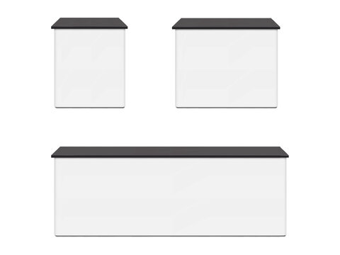 Black and white blank table. Realistic 3d vector mockup set. Tradeshow portable promotional counter stand for brand design. Template. Reception desk. Easy editable mockup