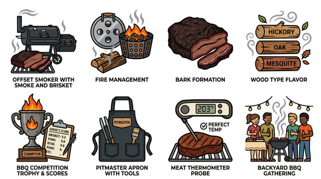 Barbecue Pitmaster and Meat Smoking Vector Icon Set