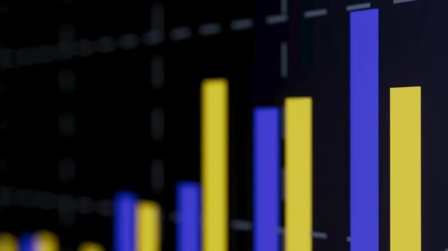 Data visualization shows blue and yellow bar graph with higher values for blue bars in a modern digital display setting.