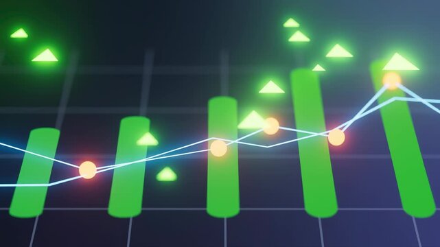 Trends show stock market data with green bars and rising line in financial analysis at night.