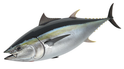 Obraz premium Yellowfin tuna fish swimming left seafood ocean isolated on a transparent background