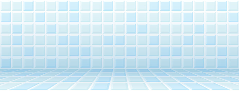 Pool tile mosaic pattern on the walls and floor. Perspective of bathroom, toilet room or swimming pool for interior or product designs. Light blue ceramic surface. Square pixel vector illustration