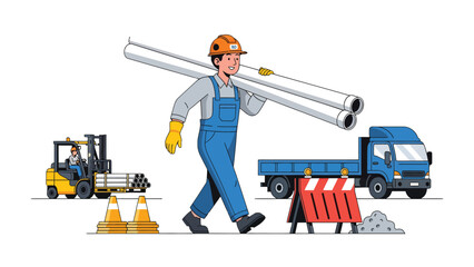 Construction Site Activity: An illustration showcasing a construction worker carrying pipes, with a forklift, truck, and warning signs in the background, depicting a scene of active construction © Mohiuddin123