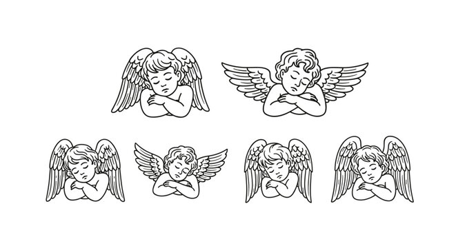 Collection of cherub illustrations with sleeping angelic figures in line art style
