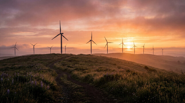 Majestic wind turbines stand proudly on rolling hills, harnessing sustainable energy during a beautiful, serene sunset.