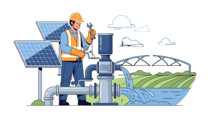 Eco-Engineer's Blueprint: A skilled engineer, stands amidst cutting-edge green technology, focused on maintenance and promoting the harmonious balance between innovation and ecology. © Abu