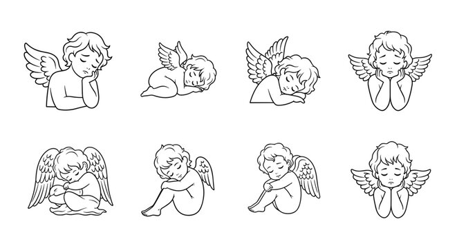 Collection of sad cherubs with wings in various resting and sleeping poses