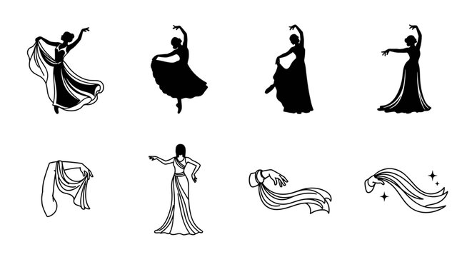 Elegant silhouettes of dancers in flowing gowns performing graceful movements
