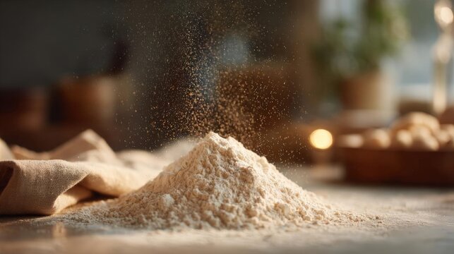 Pile of flour on a wooden table. the flour is light brown in color and appears to be freshly ground. the pile is in the center of the image and is spilling out of it, creating a dusting effect.