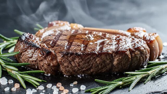 Juicy Grilled Steak With Rosemary and Sea Salt, Steaming Hot and Delicious