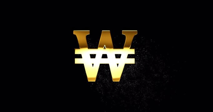 Gold South Korean won symbol with glare and glittering falling particles, specular highlight reflection and golden dust is drifting down from KRW currency sign, footage