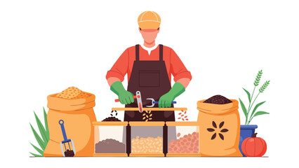 Farmer at Work: An illustration depicting a farmer diligently at work, managing seeds and soil. He stands centered, surrounded by resources, encapsulating industry. © Md
