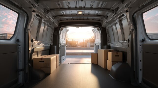 Empty cargo van interior with cardboard boxes loaded for transportation. Open rear doors showing sunny street view at sunset. Concept of logistics, delivery service, moving and relocation.